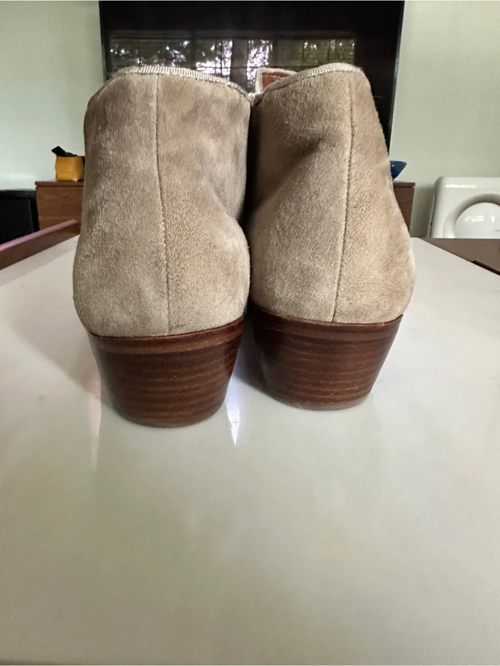 Sam Edelman Beige Suede Ankle Booties with Low Stacked Heel